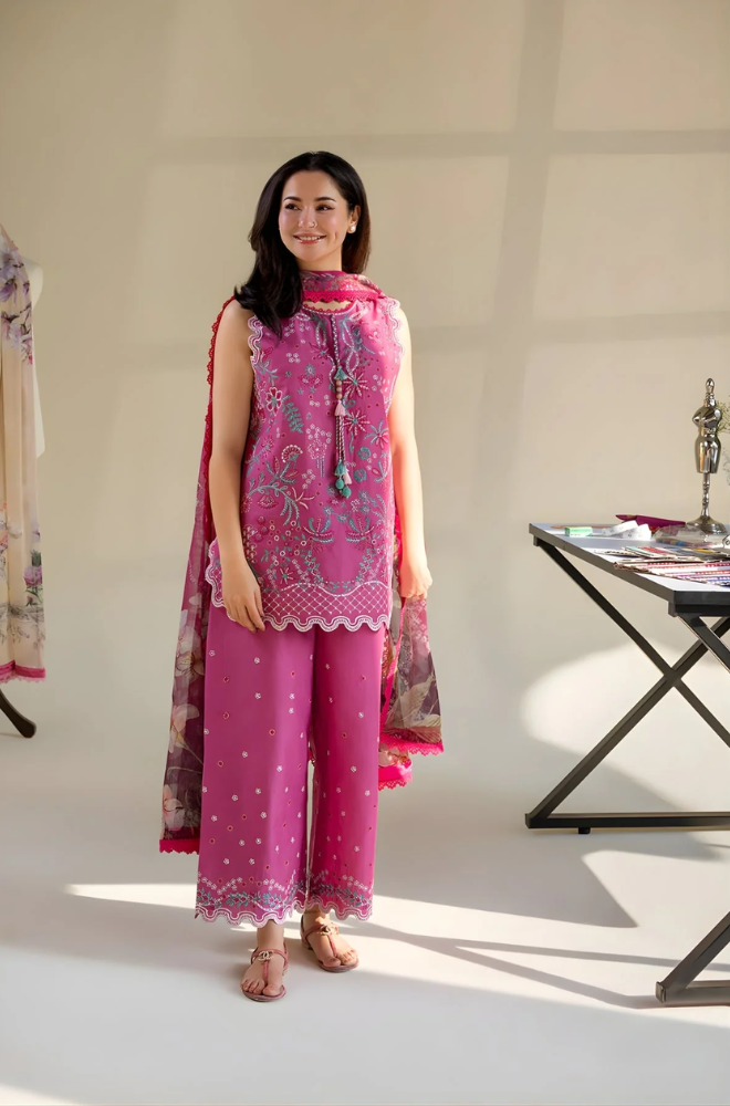 Sobia Nazir - 3PC Unstitched Lawn Embroidered Shirt with Digital Printed Dupatta and Embroidered Trouser - ES3003