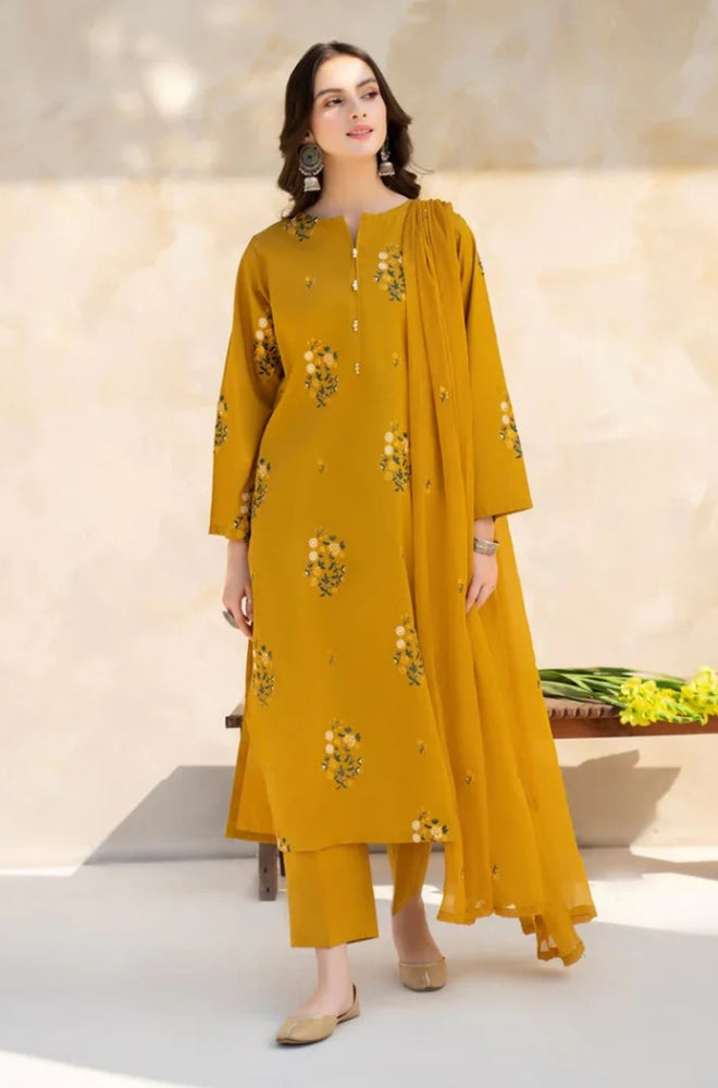 BAROQUE - 3PC Unstitched lawn Embroidered Shirt with Bamber Chiffon Dupatta and Trouser - ES1214