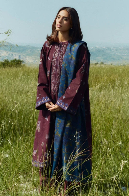 Zara Shah Jahan - 3PC Unstitched Dhanak Embroidered Shirt with Printed Shawl and Trouser - ES1026