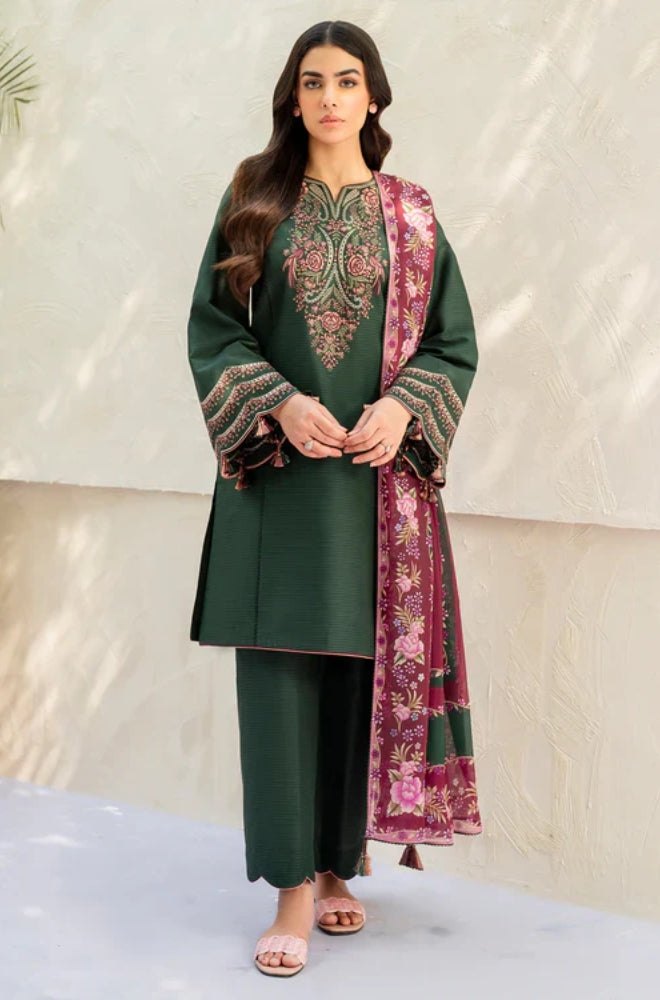 Jazmin - 3PC Unstitched Dhanak Embroidered Shirt with Digital Printed coterie Shawl - ES 1805