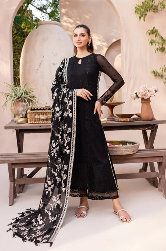 Azure - 3PC Unstitched Shamooz Silk Sequence Embroidered Shirt with Chiffon Embroidered Dupatta and Embroidered Trousers -ES1184