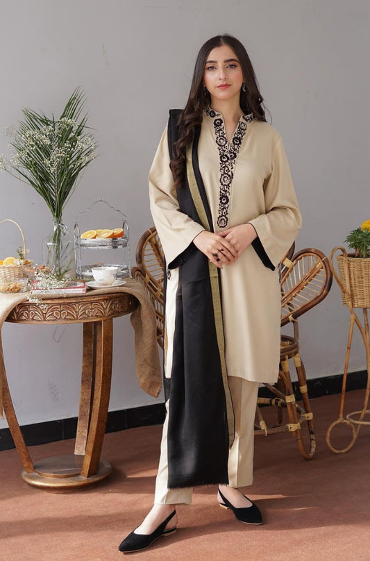 Aisling - 3PC Unstitched Dhanak Embroidered Shirt with Dhanak Patti Work Shawl and Trouser - ES1197