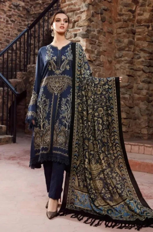 Maria B - 3PC Unstitched Dhanak Embroidered Shirt with Printed  Shawl and Trouser - ES1098