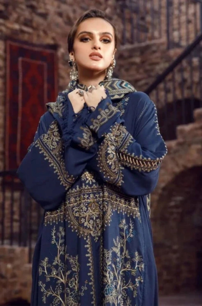 Maria B - 3PC Unstitched Dhanak Embroidered Shirt with Printed  Shawl and Trouser - ES1098