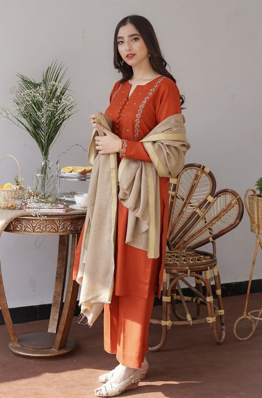 Aisling - 3PC Unstitched Dhanak Embroidered Shirt with Dhanak Shawl and Trouser - ES1196