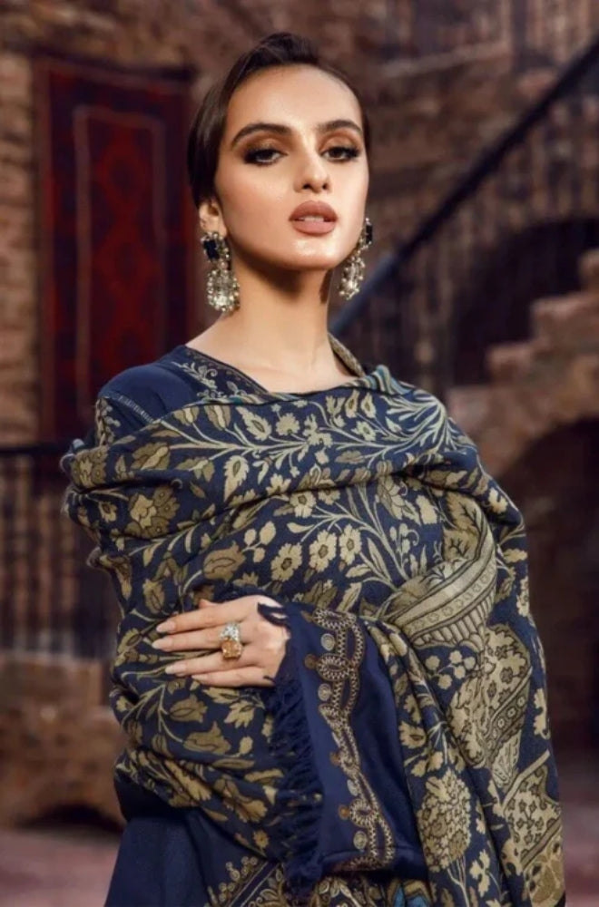 Maria B - 3PC Unstitched Dhanak Embroidered Shirt with Printed  Shawl and Trouser - ES1098