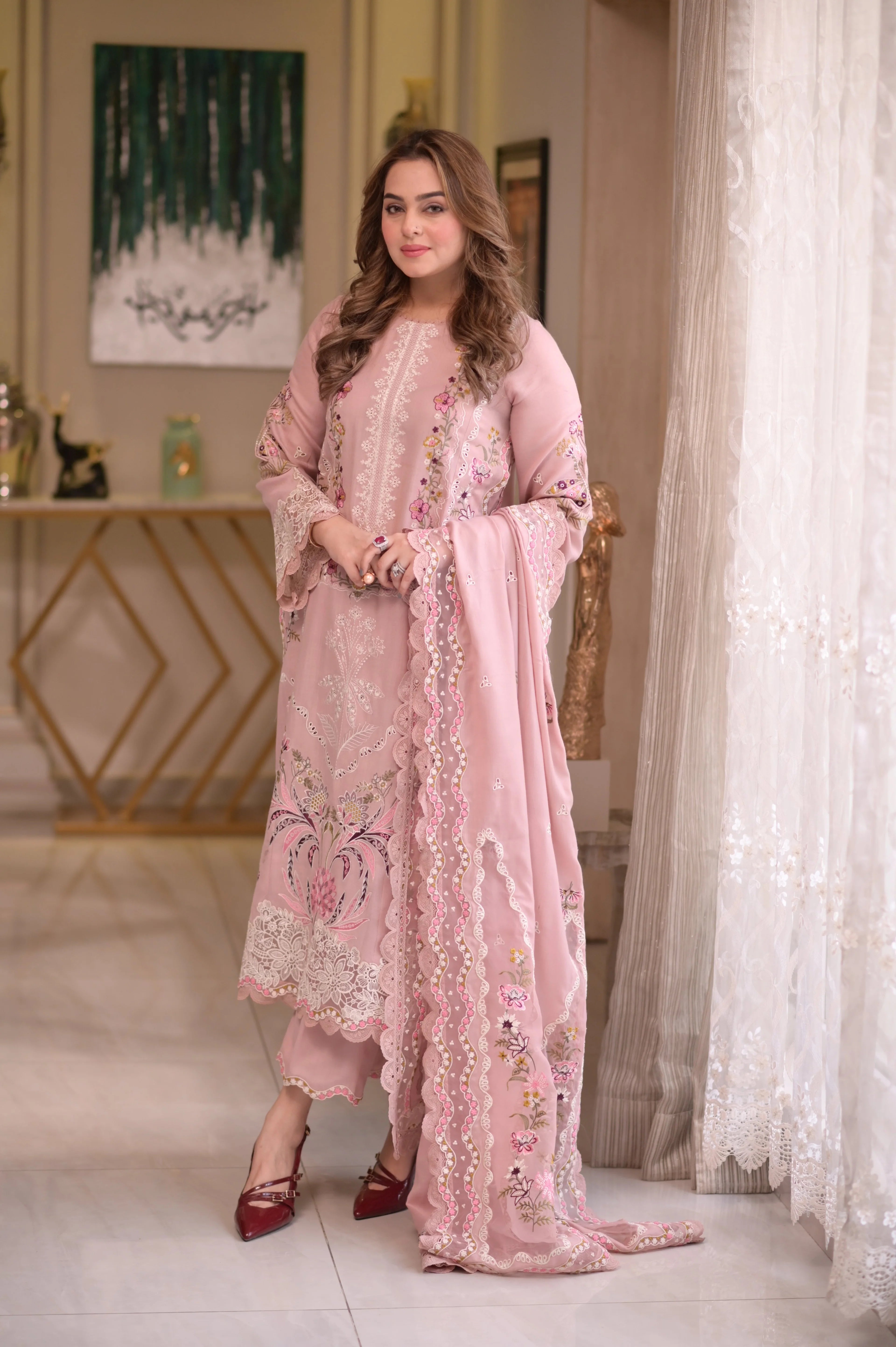 Aneelas - 3PC Unstitched Lawn Embroidered Shirt with Embroidered Slub ...