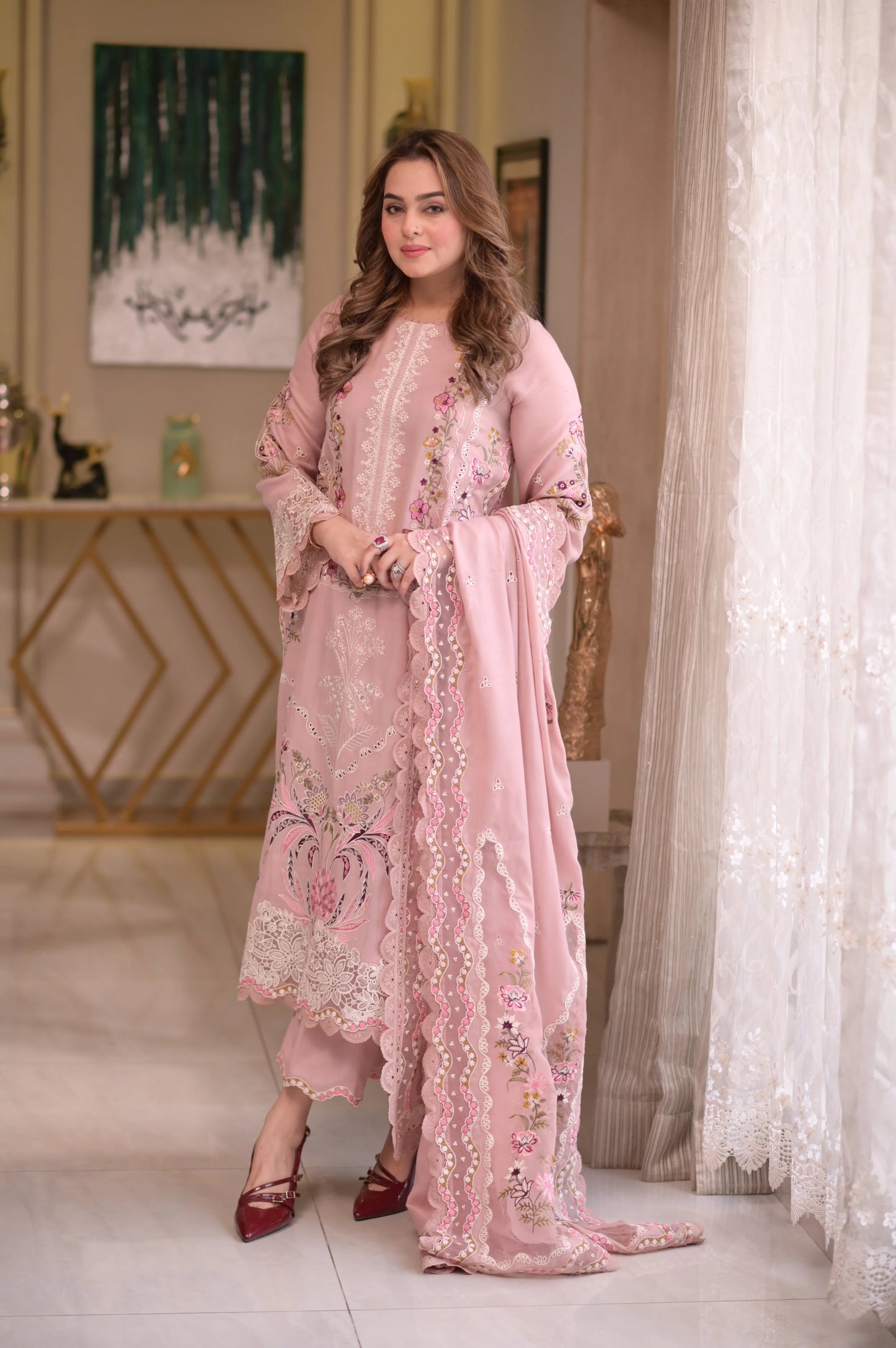 Aneelas - 3PC Unstitched Lawn Embroidered Shirt with Embroidered Slub Net Dupatta - ES 2170