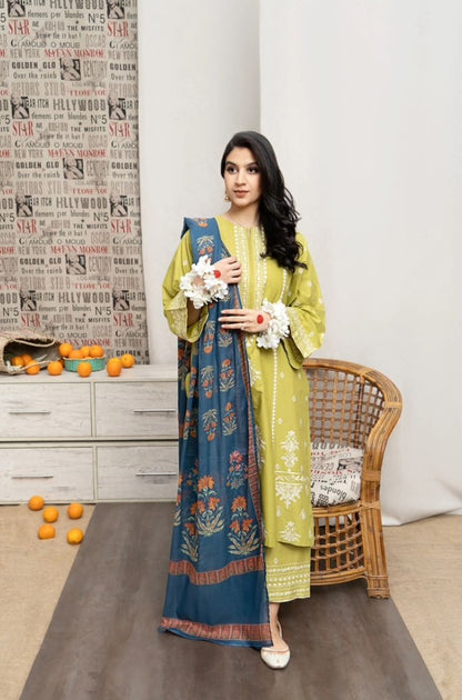 URGE - 3PC Unstitched Dhanak Embroidered Shirt with Digital Printed Shawl and Embroidered Trouser- ES1205