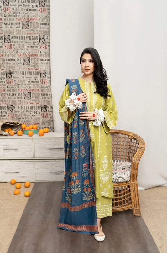 URGE - 3PC Unstitched Dhanak Embroidered Shirt with Digital Printed Shawl and Embroidered Trouser- ES1205