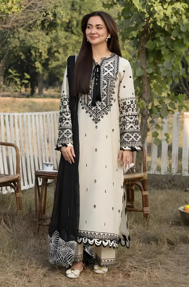 Allys - 3PC Unstitched Lawn Embroidered Shirt with Embroidered Chiffon Dupatta - ES 1402