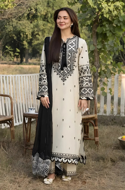Allys - 3PC Unstitched Lawn Embroidered Shirt with Embroidered Chiffon Dupatta - ES 1402