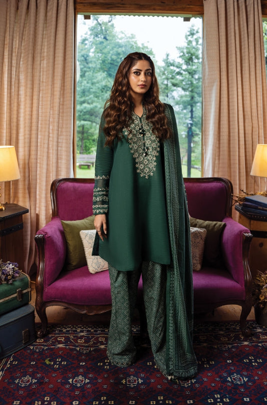 Sapphire - 3PC Unstitched Khaddar Printed and Embroidered Front with Printed Khaddar Shawl and Printed Trouser -ES1212