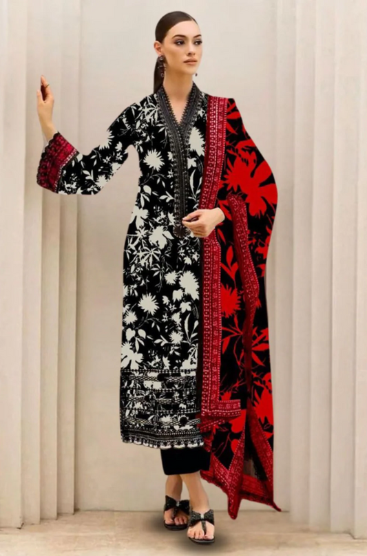 Maria B-3PC Lawn Printed Shirt with Embroided Patches and Printed Dubatta and Trousers-ES1604