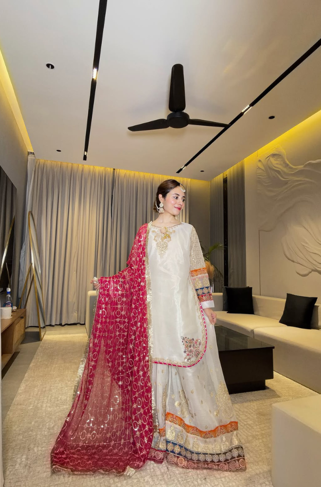 ETHNIC-3PIECE Emroidered Shirt with Embridered khadi net dubbata and trousers-ES 8011