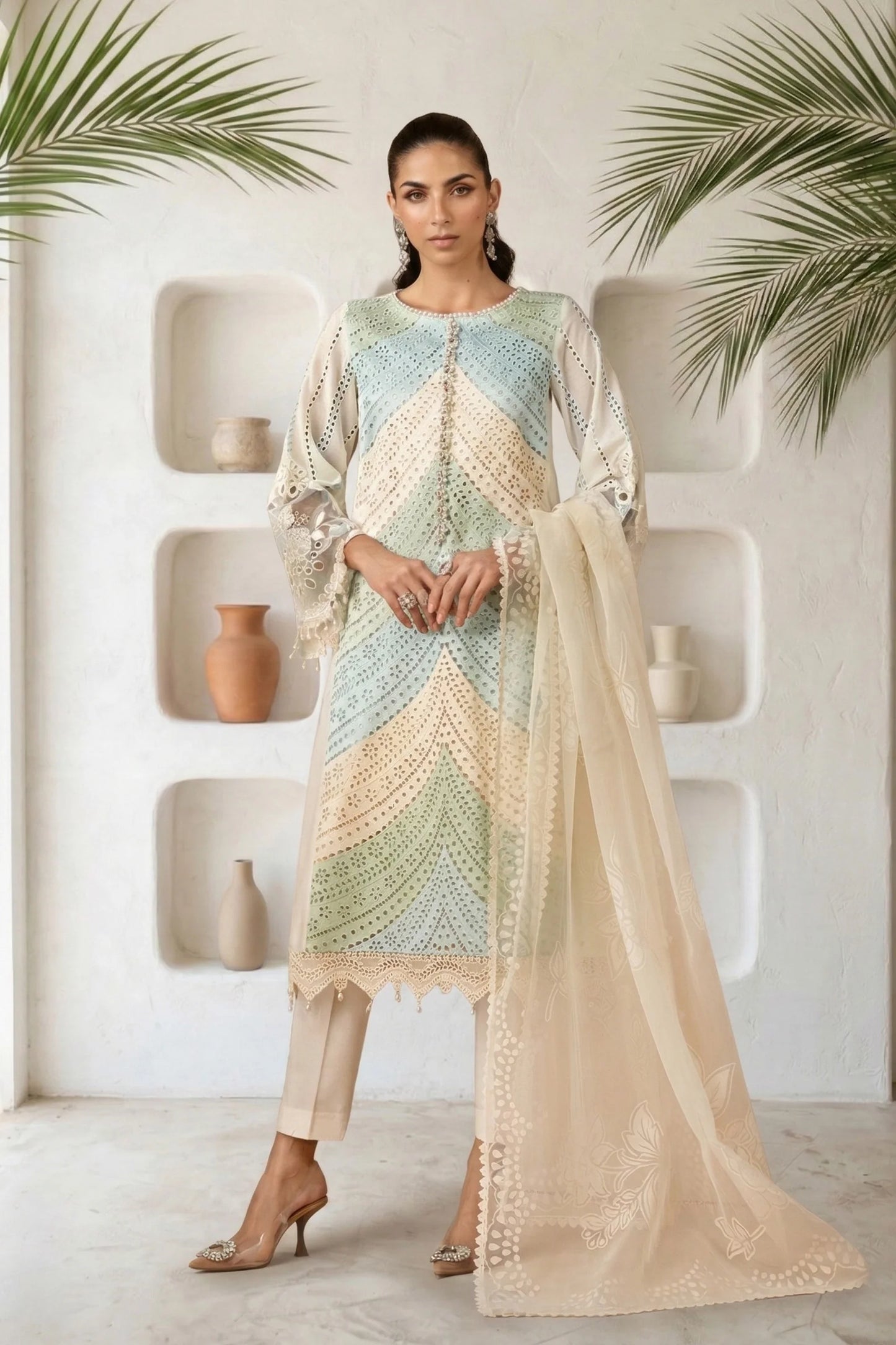 MARIA-B 3PC Unstitched Lawn Embroidered Shirt with Embroidered silk dubbata-ES 2402