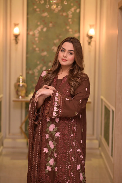 Aneelas - 3PC Unstitched Lawn Embroidered Shirt with Embroidered Slub Net Dupatta and Trouser - ES 2223