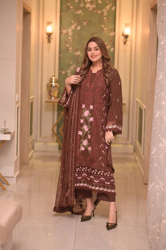 Aneelas - 3PC Unstitched Lawn Embroidered Shirt with Embroidered Slub Net Dupatta and Trouser - ES 2223