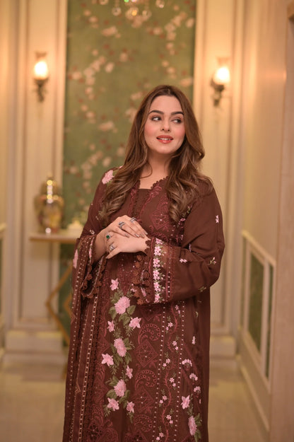 Aneelas - 3PC Unstitched Lawn Embroidered Shirt with Embroidered Slub Net Dupatta and Trouser - ES 2223