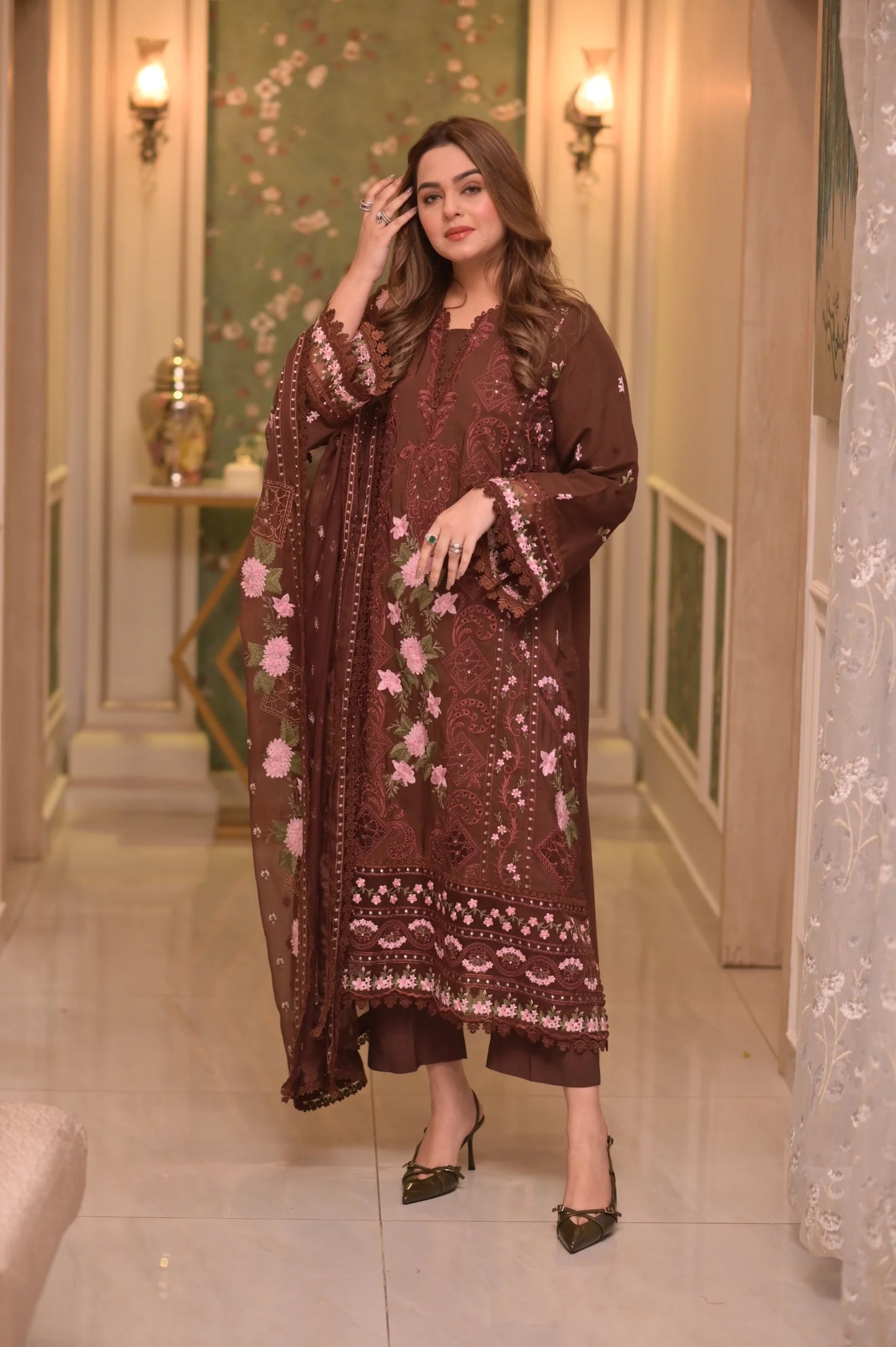 Aneelas - 3PC Unstitched Lawn Embroidered Shirt with Embroidered Slub Net Dupatta and Trouser - ES 2223