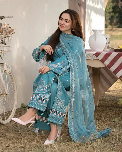 Ally's - 3PC Unstitched Lawn Embroidered Shirt with Embroidered Crinkle Dupatta - ES 2164