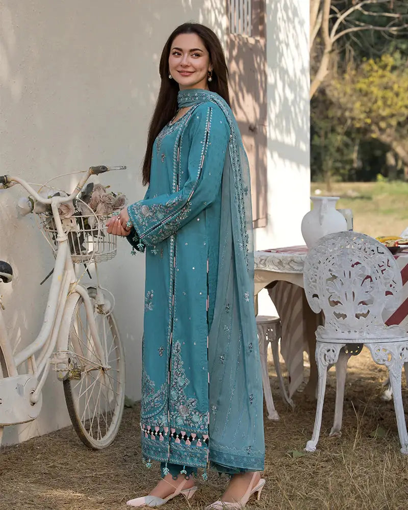 Ally's - 3PC Unstitched Lawn Embroidered Shirt with Embroidered Crinkle Dupatta - ES 2164