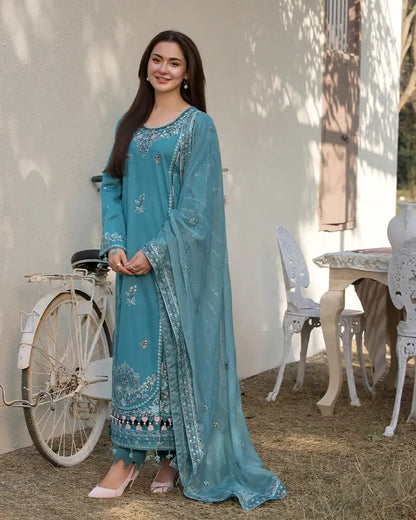 Ally's - 3PC Unstitched Lawn Embroidered Shirt with Embroidered Crinkle Dupatta - ES 2164