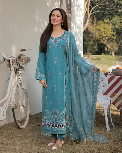 Ally's - 3PC Unstitched Lawn Embroidered Shirt with Embroidered Crinkle Dupatta - ES 2164