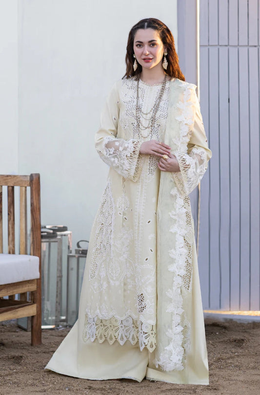 Qalamkaar - 3PC Unstitched Lawn Chicken Kari Embroidered Shirt with Embroidered Slub Net Dupatta - ES1092