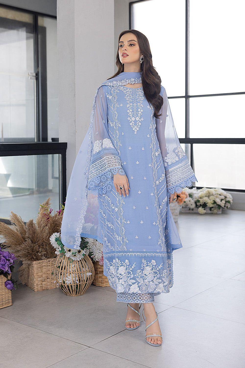 Azure - Fully Heavy Embroidered On Organza - ES 1784